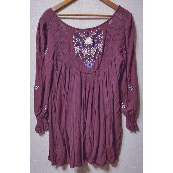Free People Boho Tunic Top M Burgundy Embroidered Long Sleeve Peasant Blouse - Picture 1 of 10